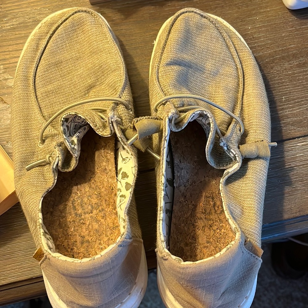 Hey dudes khaki colored shoes size 7.